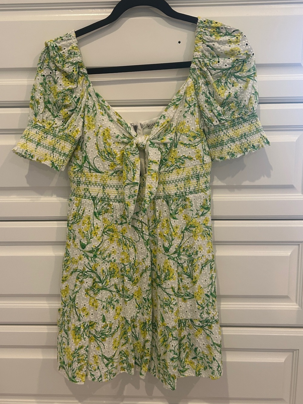 Alice + Olivia White Floral Tie-Front Mini Dress with Green and Yellow Print